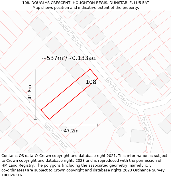 108, DOUGLAS CRESCENT, HOUGHTON REGIS, DUNSTABLE, LU5 5AT: Plot and title map