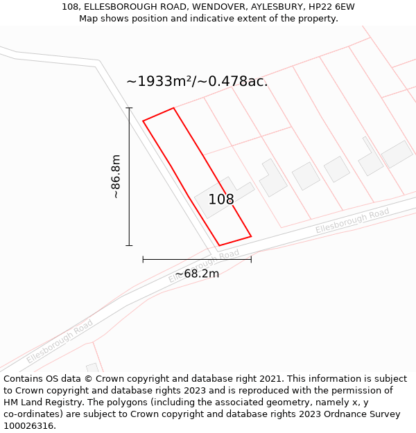 108, ELLESBOROUGH ROAD, WENDOVER, AYLESBURY, HP22 6EW: Plot and title map