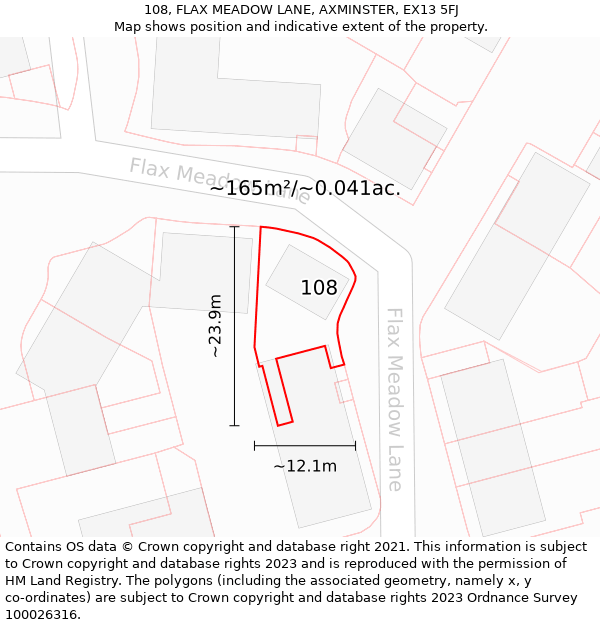 108, FLAX MEADOW LANE, AXMINSTER, EX13 5FJ: Plot and title map