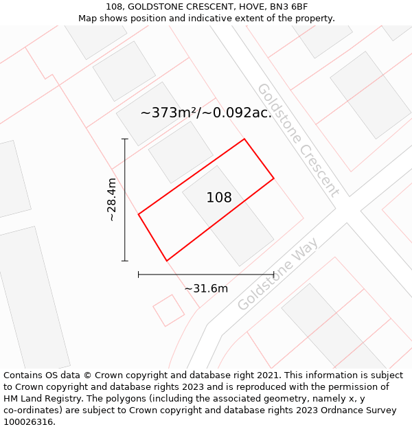 108, GOLDSTONE CRESCENT, HOVE, BN3 6BF: Plot and title map
