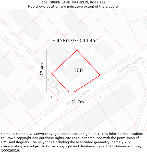 108, GREEN LANE, SHANKLIN, PO37 7EZ: Plot and title map