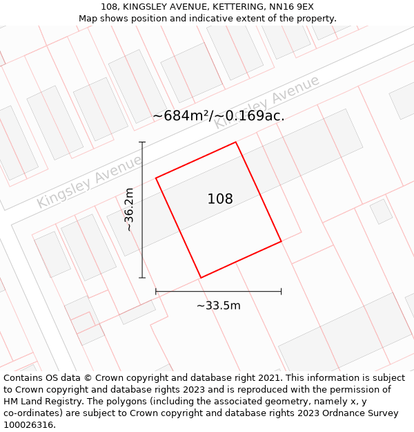 108, KINGSLEY AVENUE, KETTERING, NN16 9EX: Plot and title map
