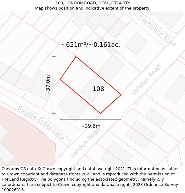 108, LONDON ROAD, DEAL, CT14 9TY: Plot and title map