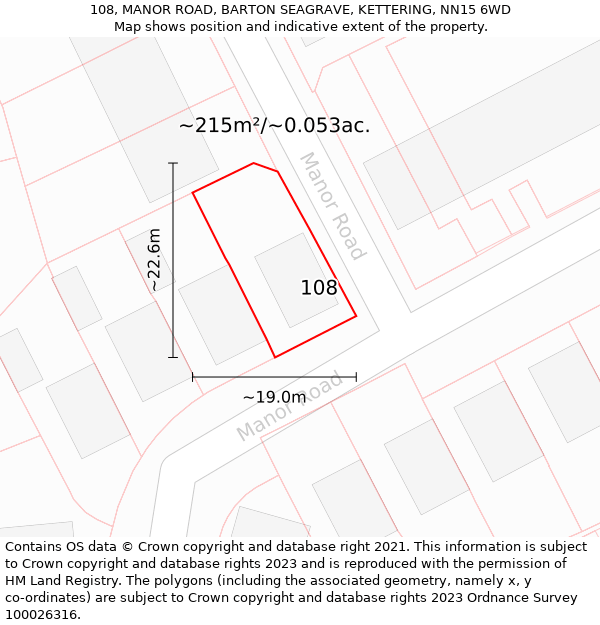 108, MANOR ROAD, BARTON SEAGRAVE, KETTERING, NN15 6WD: Plot and title map