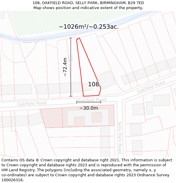 108, OAKFIELD ROAD, SELLY PARK, BIRMINGHAM, B29 7ED: Plot and title map