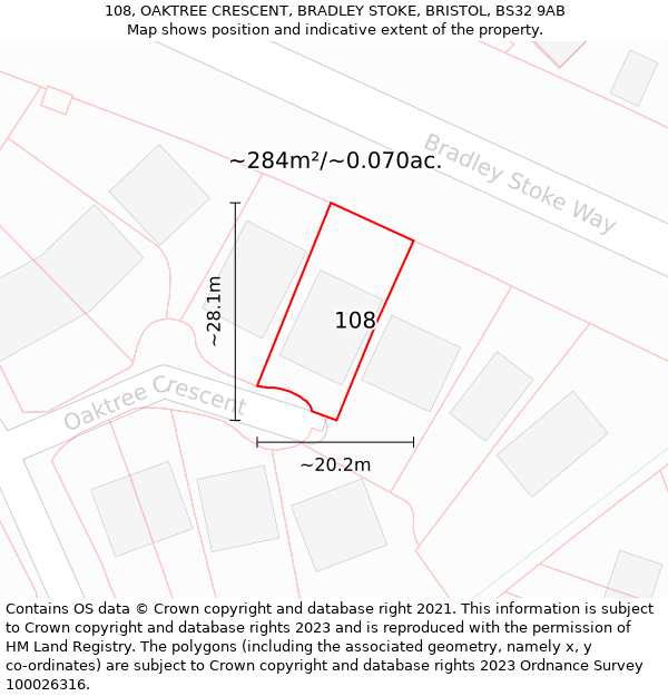 108, OAKTREE CRESCENT, BRADLEY STOKE, BRISTOL, BS32 9AB: Plot and title map