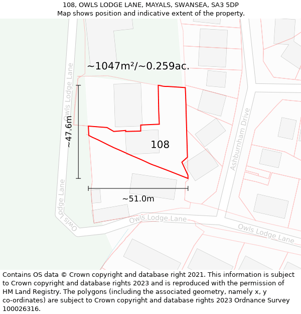 108, OWLS LODGE LANE, MAYALS, SWANSEA, SA3 5DP: Plot and title map