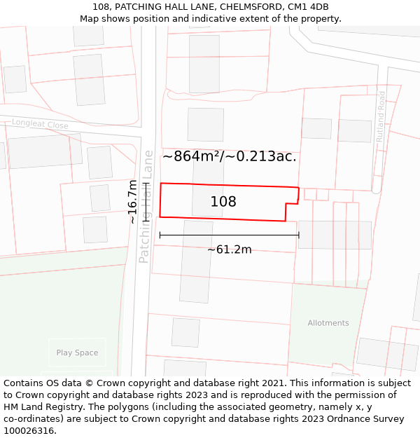 108, PATCHING HALL LANE, CHELMSFORD, CM1 4DB: Plot and title map