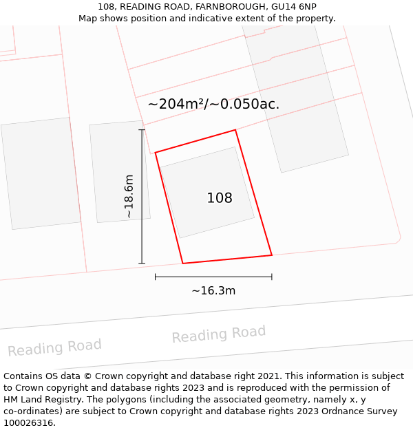 108, READING ROAD, FARNBOROUGH, GU14 6NP: Plot and title map