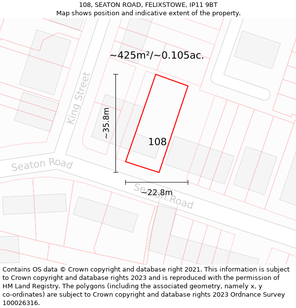 108, SEATON ROAD, FELIXSTOWE, IP11 9BT: Plot and title map