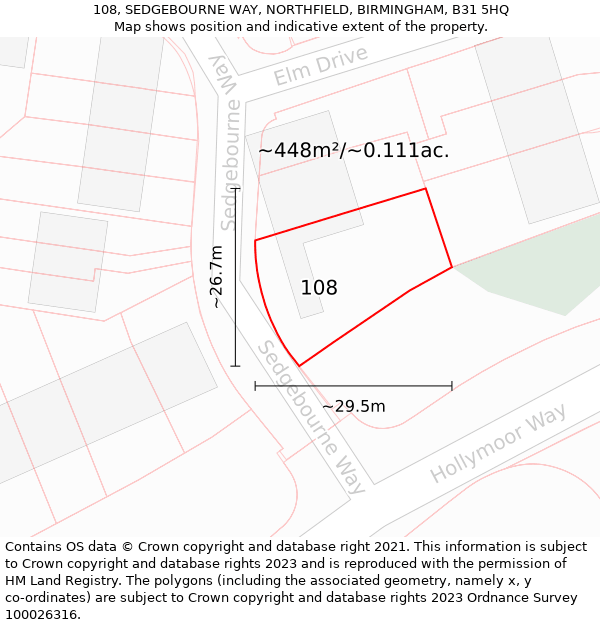 108, SEDGEBOURNE WAY, NORTHFIELD, BIRMINGHAM, B31 5HQ: Plot and title map