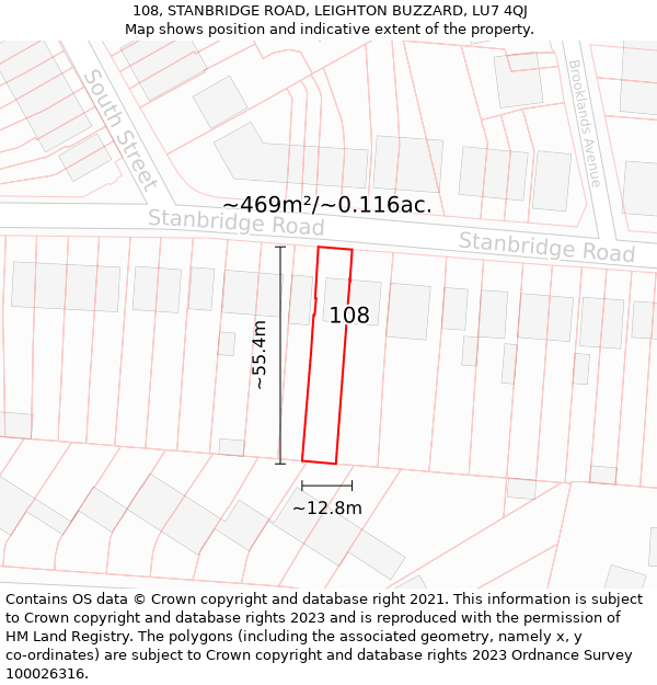 108, STANBRIDGE ROAD, LEIGHTON BUZZARD, LU7 4QJ: Plot and title map