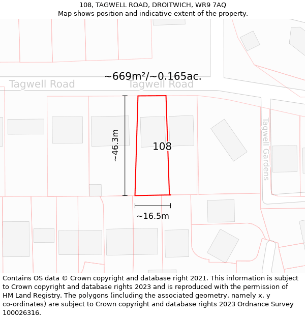 108, TAGWELL ROAD, DROITWICH, WR9 7AQ: Plot and title map