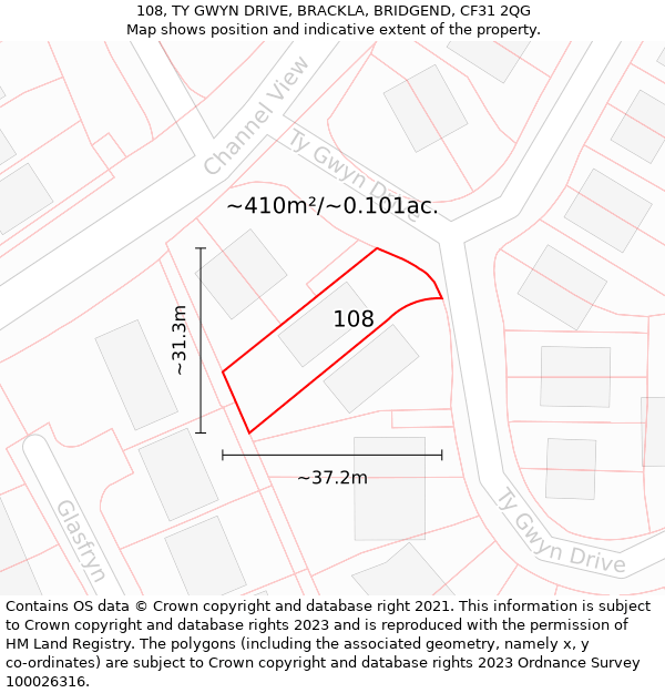 108, TY GWYN DRIVE, BRACKLA, BRIDGEND, CF31 2QG: Plot and title map