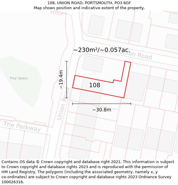 108, UNION ROAD, PORTSMOUTH, PO3 6GF: Plot and title map