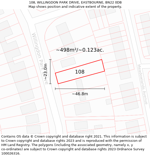 108, WILLINGDON PARK DRIVE, EASTBOURNE, BN22 0DB: Plot and title map