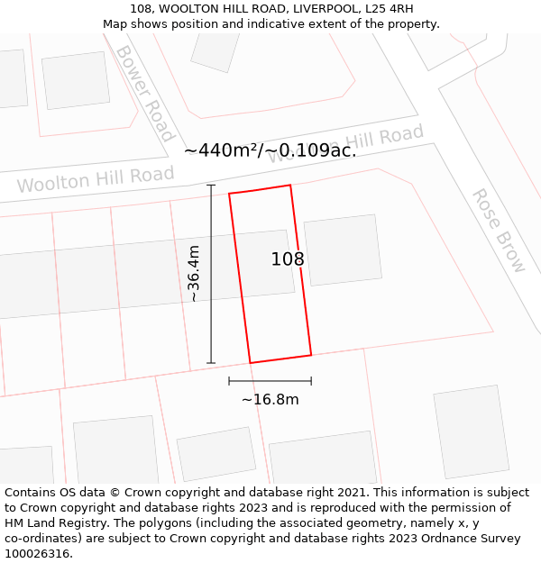 108, WOOLTON HILL ROAD, LIVERPOOL, L25 4RH: Plot and title map