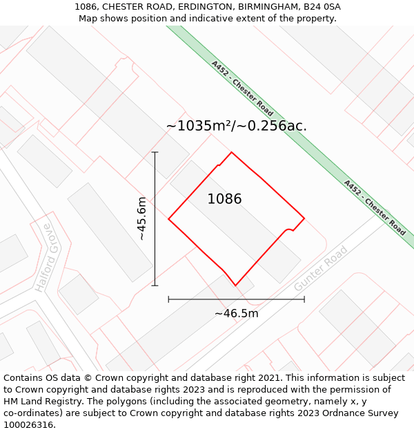 1086, CHESTER ROAD, ERDINGTON, BIRMINGHAM, B24 0SA: Plot and title map