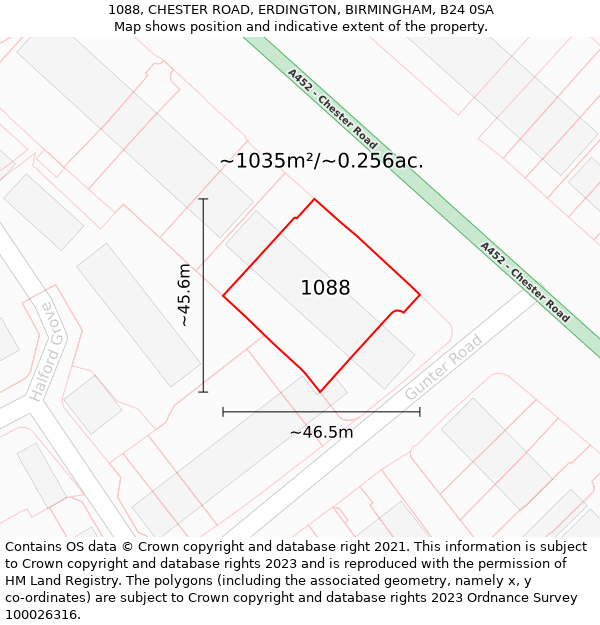 1088, CHESTER ROAD, ERDINGTON, BIRMINGHAM, B24 0SA: Plot and title map