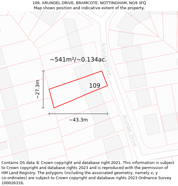 109, ARUNDEL DRIVE, BRAMCOTE, NOTTINGHAM, NG9 3FQ: Plot and title map