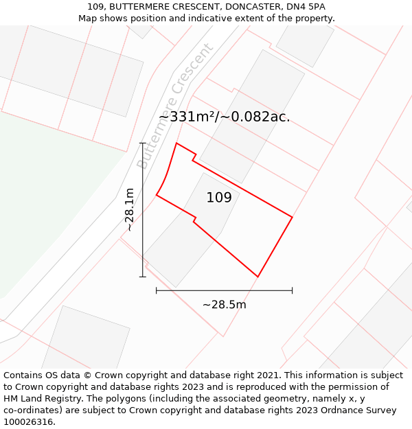 109, BUTTERMERE CRESCENT, DONCASTER, DN4 5PA: Plot and title map