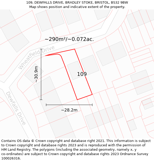 109, DEWFALLS DRIVE, BRADLEY STOKE, BRISTOL, BS32 9BW: Plot and title map