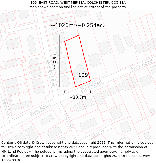 109, EAST ROAD, WEST MERSEA, COLCHESTER, CO5 8SA: Plot and title map