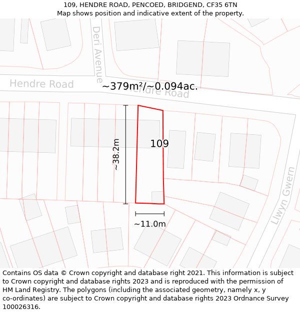 109, HENDRE ROAD, PENCOED, BRIDGEND, CF35 6TN: Plot and title map