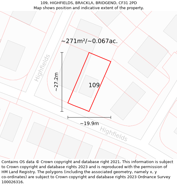 109, HIGHFIELDS, BRACKLA, BRIDGEND, CF31 2PD: Plot and title map