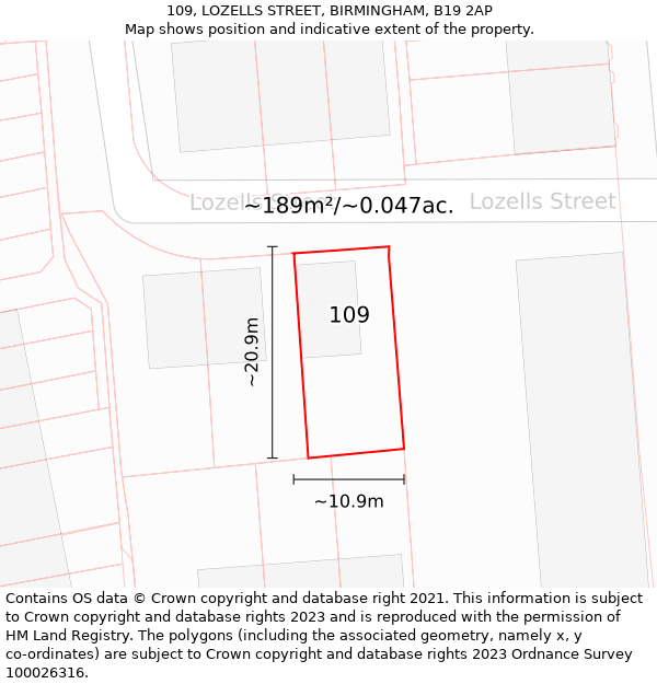 109, LOZELLS STREET, BIRMINGHAM, B19 2AP: Plot and title map