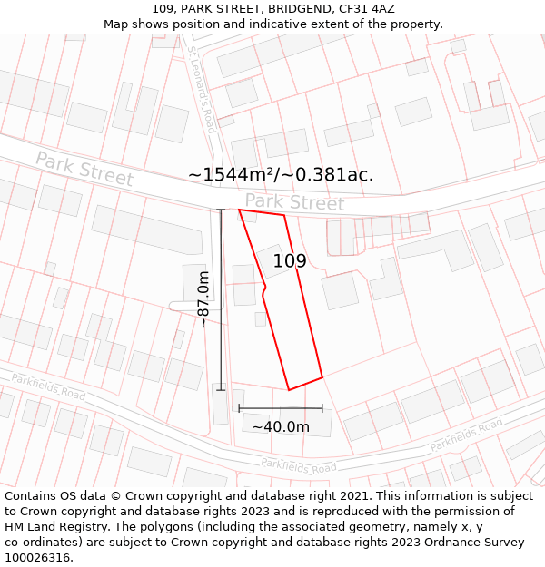 109, PARK STREET, BRIDGEND, CF31 4AZ: Plot and title map