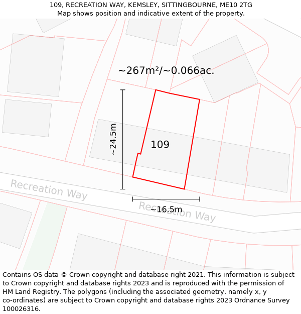 109, RECREATION WAY, KEMSLEY, SITTINGBOURNE, ME10 2TG: Plot and title map