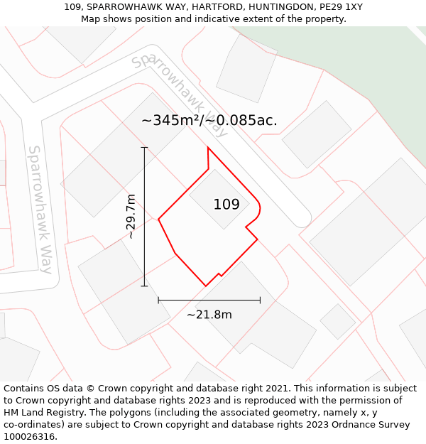 109, SPARROWHAWK WAY, HARTFORD, HUNTINGDON, PE29 1XY: Plot and title map