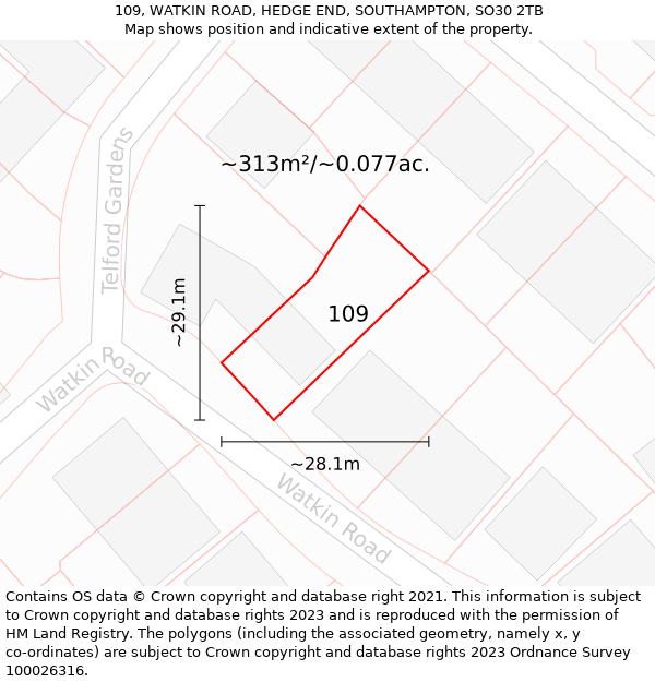 109, WATKIN ROAD, HEDGE END, SOUTHAMPTON, SO30 2TB: Plot and title map