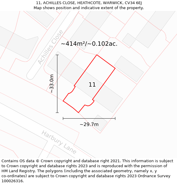 11, ACHILLES CLOSE, HEATHCOTE, WARWICK, CV34 6EJ: Plot and title map