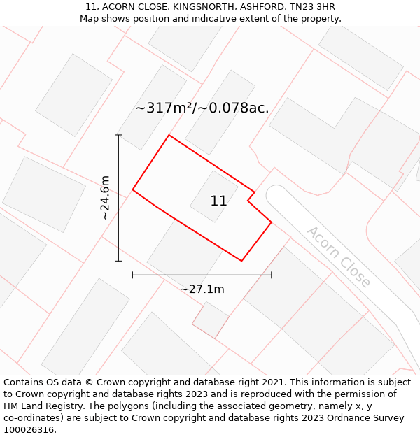 11, ACORN CLOSE, KINGSNORTH, ASHFORD, TN23 3HR: Plot and title map