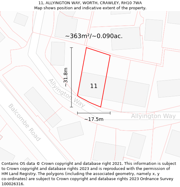 11, ALLYINGTON WAY, WORTH, CRAWLEY, RH10 7WA: Plot and title map