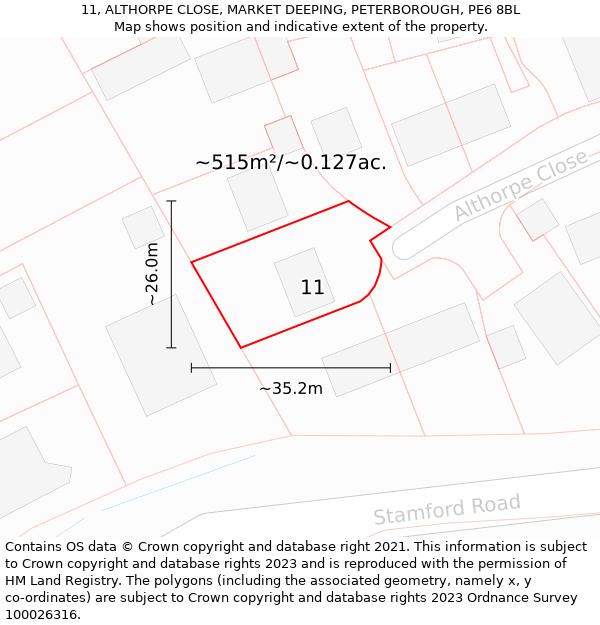 11, ALTHORPE CLOSE, MARKET DEEPING, PETERBOROUGH, PE6 8BL: Plot and title map