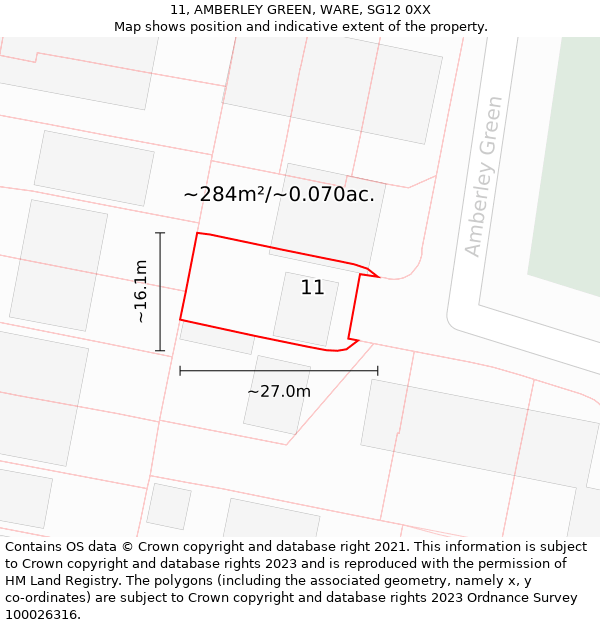 11, AMBERLEY GREEN, WARE, SG12 0XX: Plot and title map