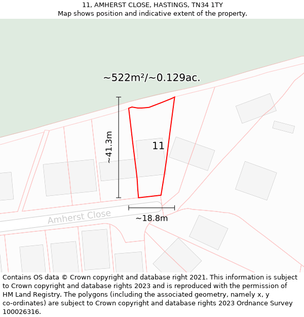 11, AMHERST CLOSE, HASTINGS, TN34 1TY: Plot and title map