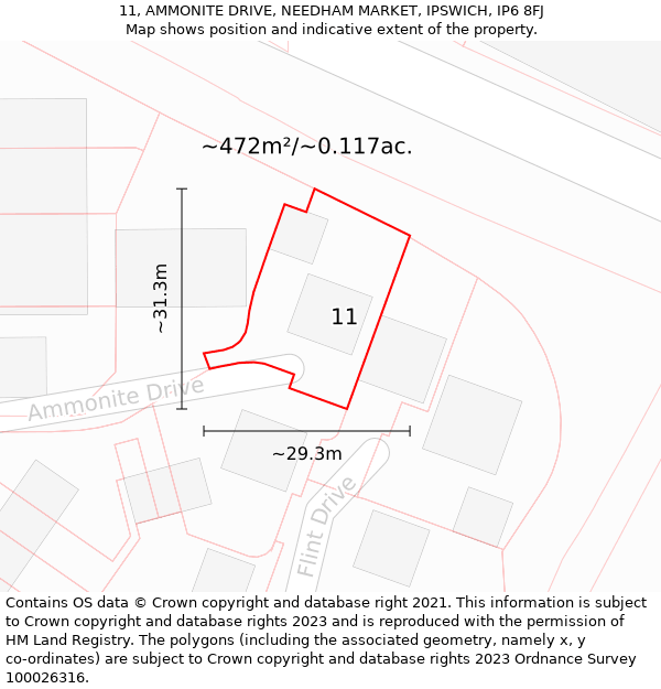 11, AMMONITE DRIVE, NEEDHAM MARKET, IPSWICH, IP6 8FJ: Plot and title map