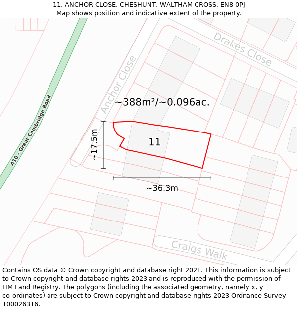 11, ANCHOR CLOSE, CHESHUNT, WALTHAM CROSS, EN8 0PJ: Plot and title map