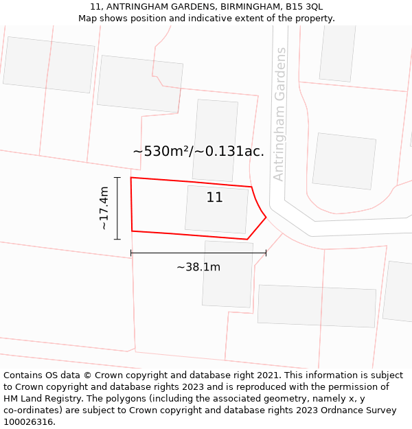 11, ANTRINGHAM GARDENS, BIRMINGHAM, B15 3QL: Plot and title map