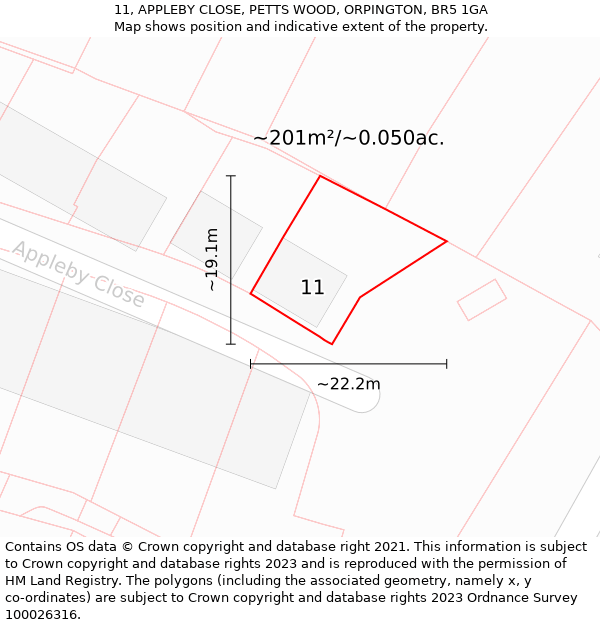 11, APPLEBY CLOSE, PETTS WOOD, ORPINGTON, BR5 1GA: Plot and title map