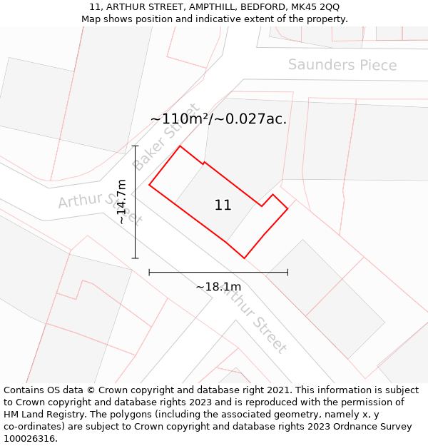 11, ARTHUR STREET, AMPTHILL, BEDFORD, MK45 2QQ: Plot and title map