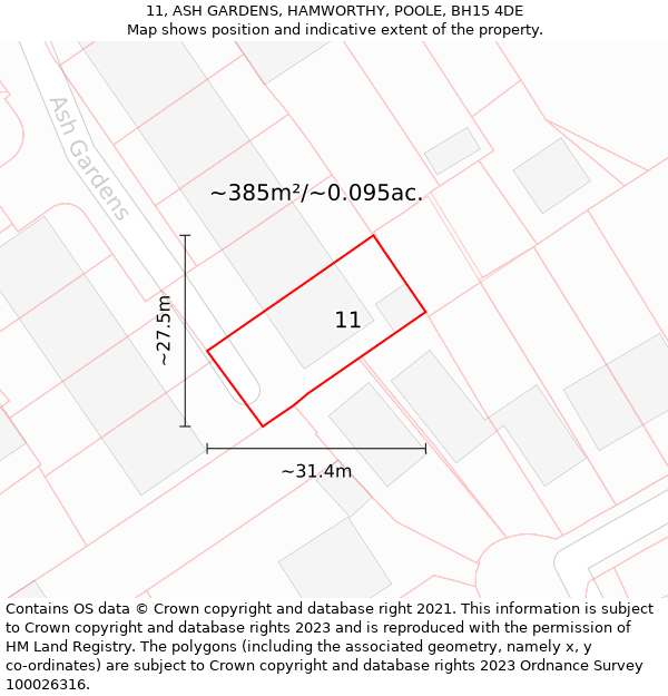 11, ASH GARDENS, HAMWORTHY, POOLE, BH15 4DE: Plot and title map