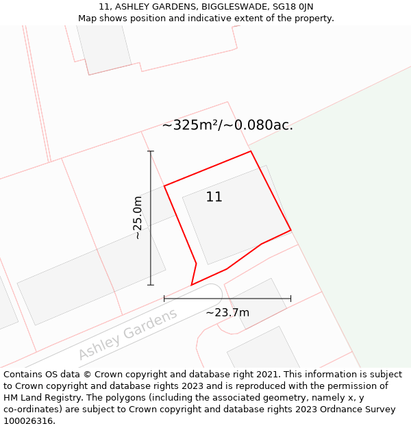 11, ASHLEY GARDENS, BIGGLESWADE, SG18 0JN: Plot and title map