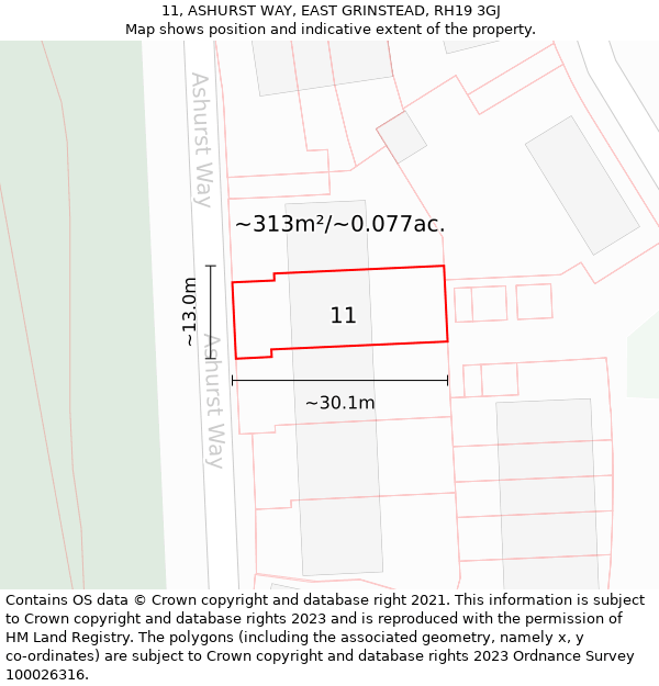 11, ASHURST WAY, EAST GRINSTEAD, RH19 3GJ: Plot and title map