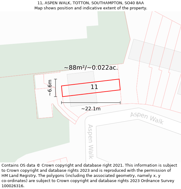 11, ASPEN WALK, TOTTON, SOUTHAMPTON, SO40 8AA: Plot and title map