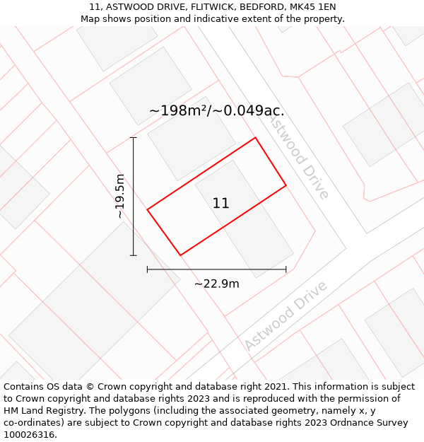 11, ASTWOOD DRIVE, FLITWICK, BEDFORD, MK45 1EN: Plot and title map